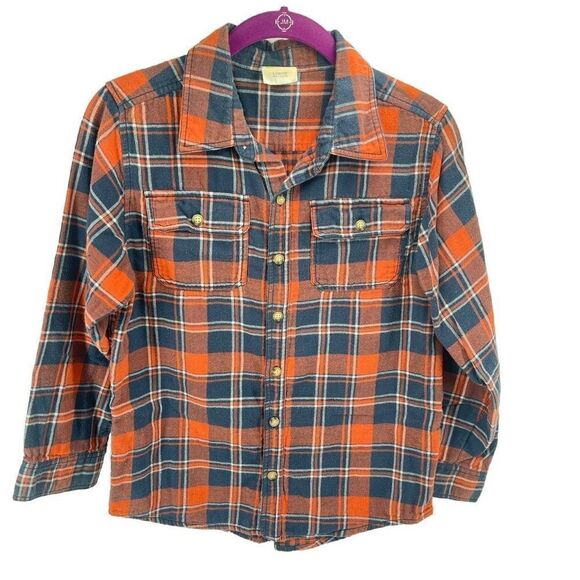 Crazy 8 Boys Button Down Shirt Long Sleeve Plaid Pocket Orange Blue Large 10/12 - Picture 1 of 7